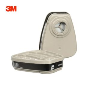 A pair of 3M 6003 respiratory cartridges featuring the signature yellow label, showing the bayonet-style twist connection and the swept-back ergonomic shape for 3M reusable face masks.