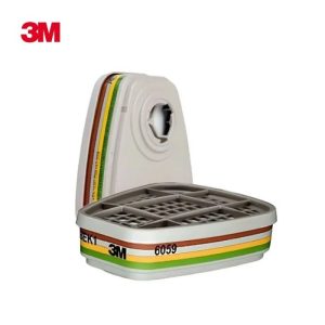 A pair of 3M 6059 respiratory cartridges featuring a distinct brown, grey, yellow, and green label strip indicating ABEK1 multi-gas protection, shown with the standard 3M bayonet mount.