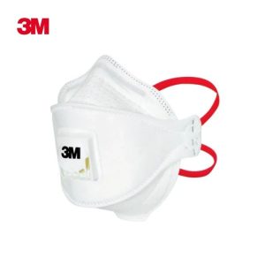 A 3M Aura 9332+ white disposable respirator mask featuring a three-panel flat-fold design, a red Cool Flow exhalation valve, and red headbands indicating FFP3 protection class.