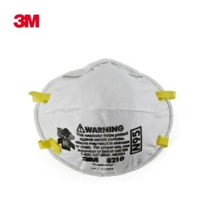 A 3M 8210 white cup-shaped N95 particulate respirator featuring two yellow headbands and an adjustable silver nose clip, designed for professional dust protection.