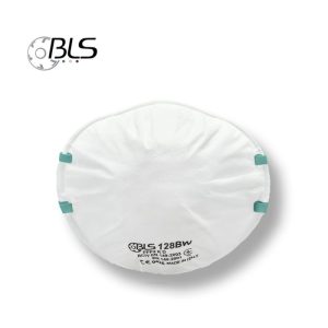 A white BLS 128BW FFP2 cup-shaped disposable respirator featuring a structured shell, a silver adjustable nose clip, and blue elastic headbands for a secure industrial fit.