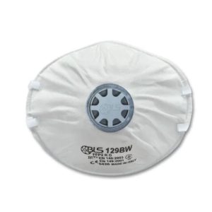 A white BLS 129BW cup-shaped FFP2 respirator mask featuring a centrally mounted circular exhalation valve, an internal adjustable nose bridge, and blue elasticated headbands.