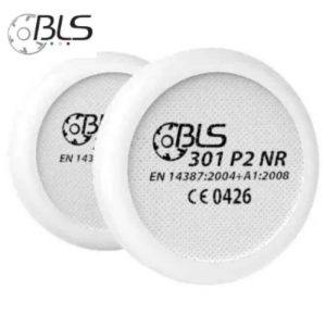 A pair of white circular BLS 301 P2 NR dust pre-filters, designed as thin filter pads to be mounted on top of BLS 200 series chemical cartridges for added particulate protection.