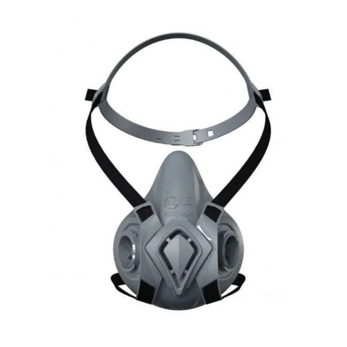 A grey and black BLS 4000 Next R half-face respirator showing the soft TPE face seal, the sliding "Drop-Off" head harness system, and dual bayonet connection points for BLS cartridges.