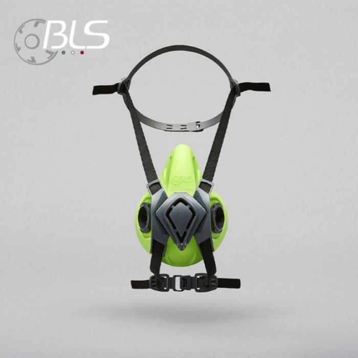 A grey and black BLS 4000 Next R half-face respirator showing the soft TPE face seal, the sliding "Drop-Off" head harness system, and dual bayonet connection points for BLS cartridges.