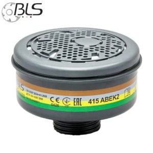A single BLS 415 ABEK2 multi-gas cartridge featuring a multi-colored label (brown, grey, yellow, and green), shown with the standard RD40 universal threaded top for 40mm respirator masks.