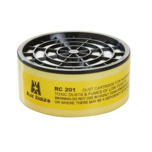 A Blue Eagle RC201 white circular particulate filter cartridge, featuring a structured plastic casing and a multi-layered fiber filter for dust and smoke protection.