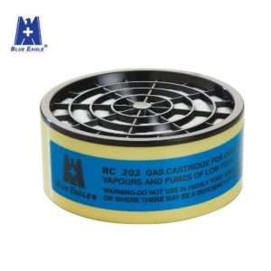 A Blue Eagle RC202 black-cased organic vapor cartridge featuring a yellow label, designed to be mounted on Blue Eagle half-face masks for protection against paint and solvent smells.