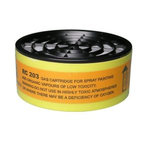 A Blue Eagle RC203 chemical cartridge featuring a black plastic casing with a yellow label, showing the threaded connection designed for Blue Eagle half-face respirators.