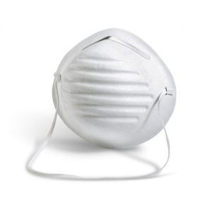 A white M102 disposable cup-shaped dust mask showing the lightweight filter material, adjustable metal nose clip, and elastic headband for basic industrial protection.
