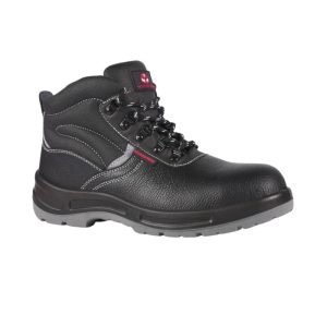 A professional MHA 1416 high-ankle safety boot in black embossed leather, featuring grey dual-density soles, a reinforced steel toe, and visible reflectors on the side and heel for enhanced safety.