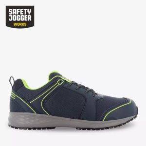 A navy blue and neon green Safety Jogger Balto safety shoe featuring an athletic sneaker design, a breathable mesh upper, and a lightweight grey EVA/rubber industrial sole