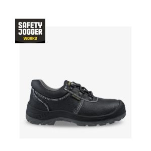 A black Safety Jogger BestRun low-cut safety shoe featuring an embossed leather upper, white contrast stitching, a reinforced steel toe, and a rugged dual-density industrial sole. Authentic Information: Why c
